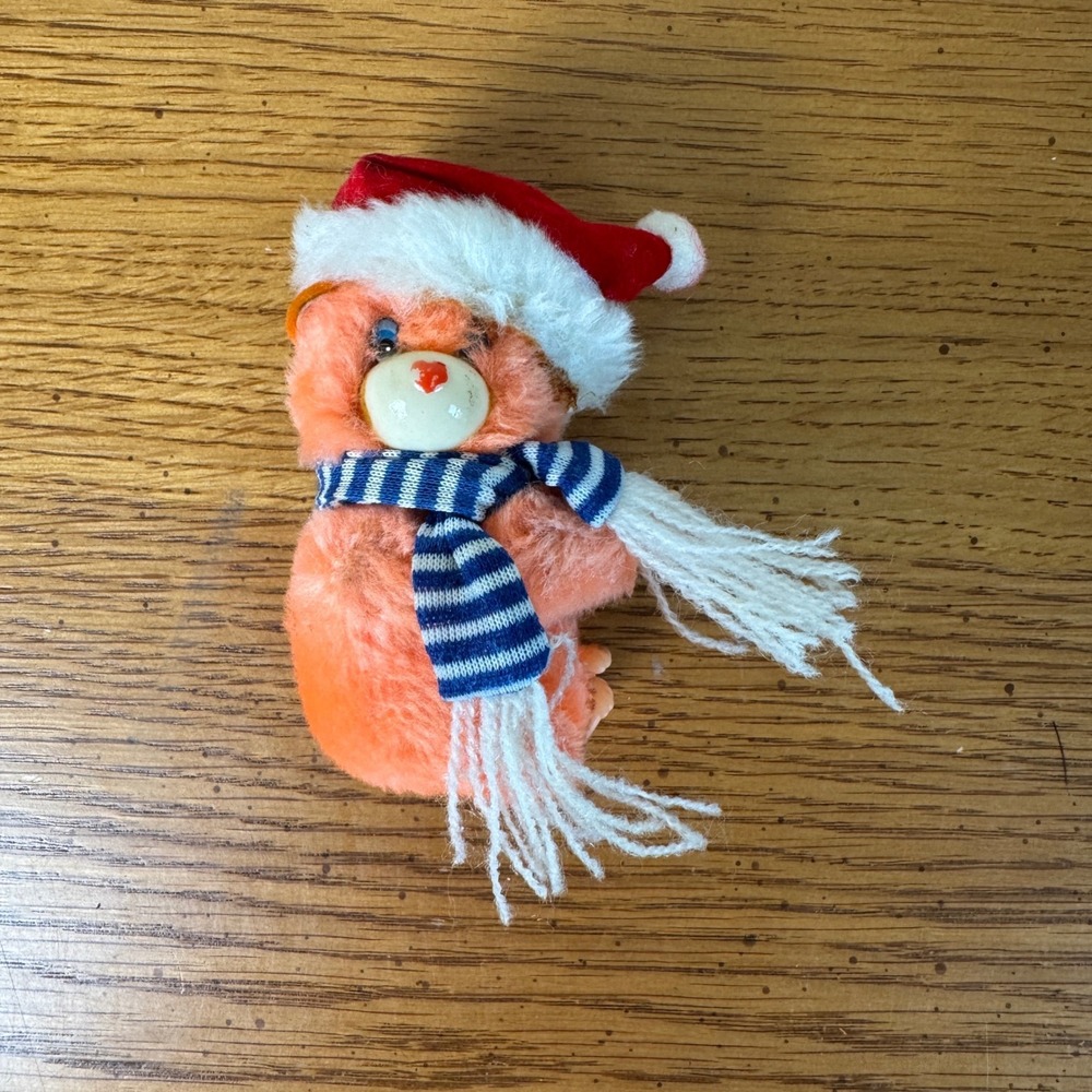 Cute Plush Christmas Carebear Orange Santa Hat Scarf Holiday Huggie Ornament
